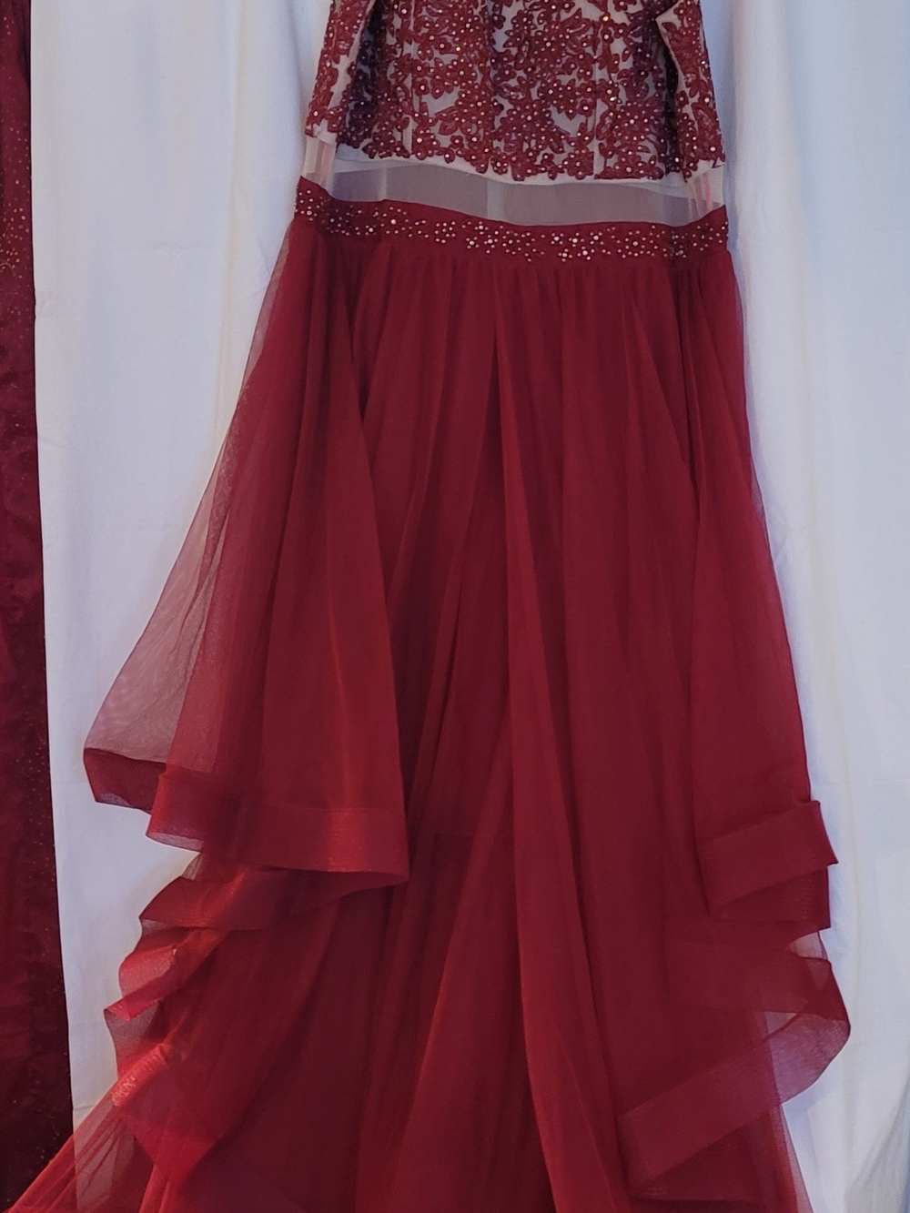 City Triangles Burgundy High-Low Beaded Evening Dress
